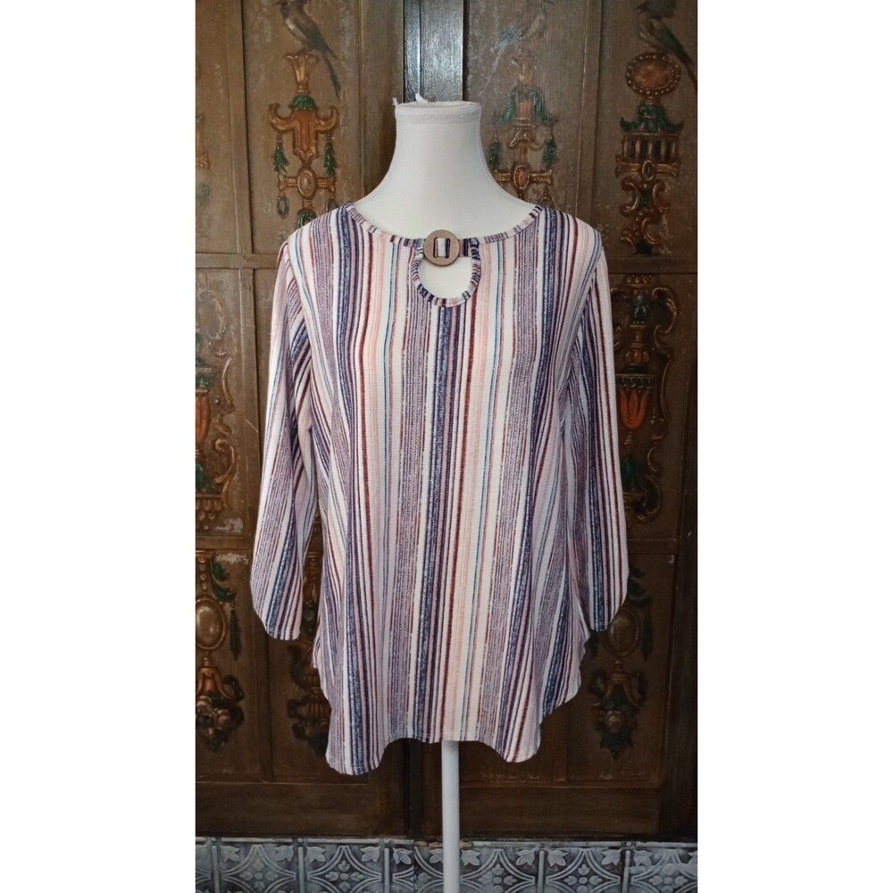 Cure Women's Size M Striped Knit Top 3/4 Sleeve Round Neck Stretch Pullover